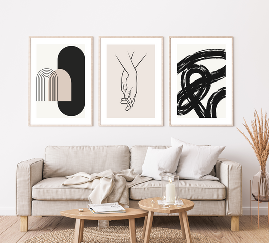 Set of 3 Abstract wall art. Beige and Black minimalistic decor.